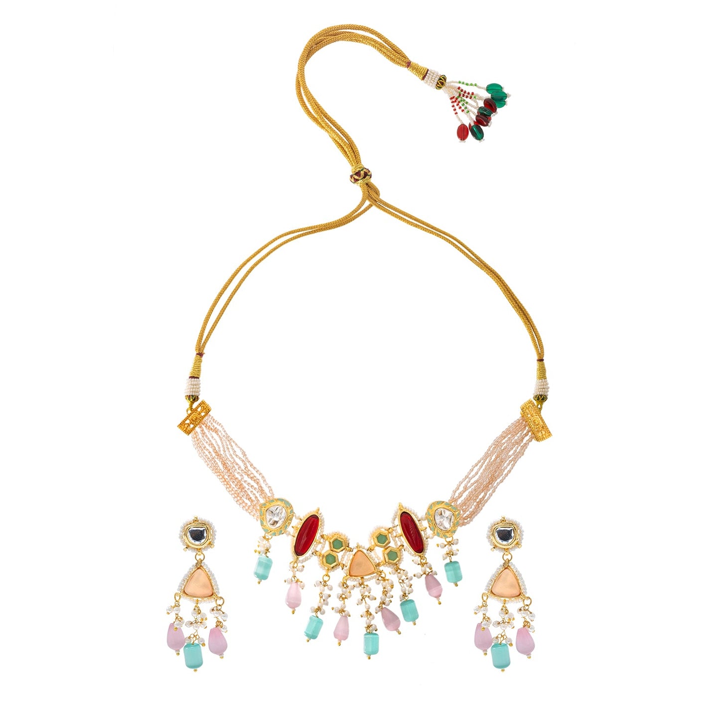 Shining Jewel Gold Plated Bridal Wedding Multicolored Kundan, CZ Pearl Beaded Choker Necklace with Drop Dangler Maching Earrings Jewellery Jewelry Set For Women (SJN_299.D2)