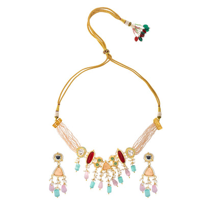 Shining Jewel Gold Plated Bridal Wedding Multicolored Kundan, CZ Pearl Beaded Choker Necklace with Drop Dangler Maching Earrings Jewellery Jewelry Set For Women (SJN_299.D2)