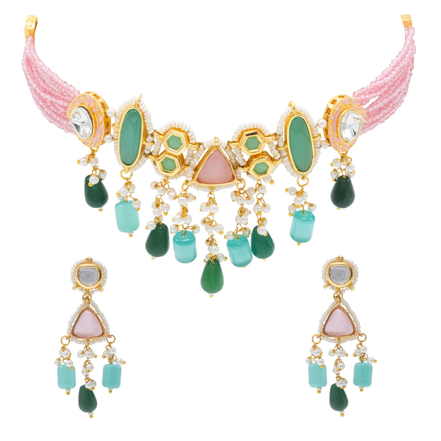 Shining Jewel Gold Plated Bridal Wedding Multicolored Kundan, CZ Pearl Beaded Choker Necklace with Drop Dangler Maching Earrings Jewellery Jewelry Set For Women (SJN_299.D3)