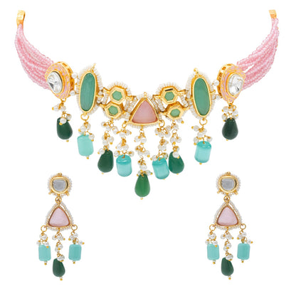 Shining Jewel Gold Plated Bridal Wedding Multicolored Kundan, CZ Pearl Beaded Choker Necklace with Drop Dangler Maching Earrings Jewellery Jewelry Set For Women (SJN_299.D3)