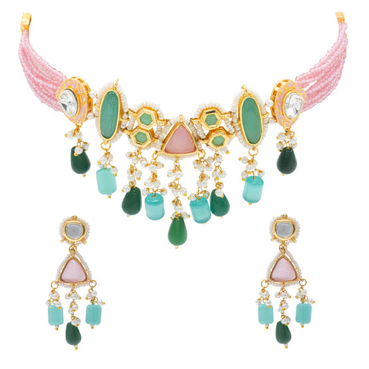 Shining Jewel Gold Plated Bridal Wedding Multicolored Kundan, CZ Pearl Beaded Choker Necklace with Drop Dangler Maching Earrings Jewellery Jewelry Set For Women (SJN_299.D3)