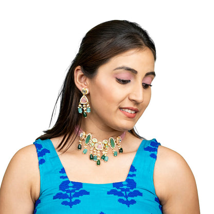 Shining Jewel Gold Plated Bridal Wedding Multicolored Kundan, CZ Pearl Beaded Choker Necklace with Drop Dangler Maching Earrings Jewellery Jewelry Set For Women (SJN_299.D3)