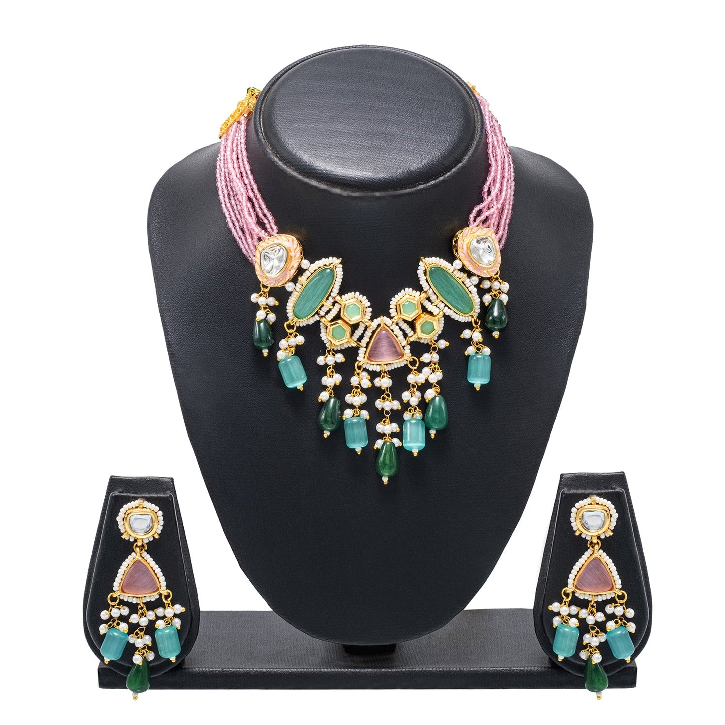 Shining Jewel Gold Plated Bridal Wedding Multicolored Kundan, CZ Pearl Beaded Choker Necklace with Drop Dangler Maching Earrings Jewellery Jewelry Set For Women (SJN_299.D3)