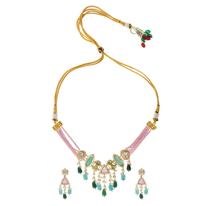 Shining Jewel Gold Plated Bridal Wedding Multicolored Kundan, CZ Pearl Beaded Choker Necklace with Drop Dangler Maching Earrings Jewellery Jewelry Set For Women (SJN_299.D3)