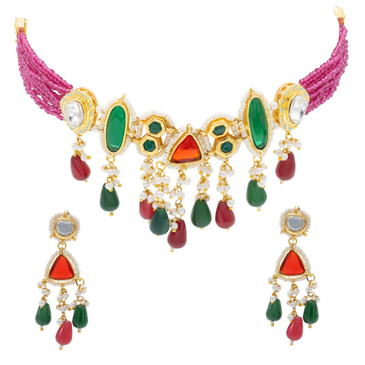 Shining Jewel Gold Plated Bridal Wedding Multicolored Kundan, CZ Pearl Beaded Choker Necklace with Drop Dangler Maching Earrings Jewellery Jewelry Set For Women (SJN_299.D4)
