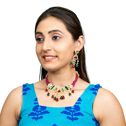 Shining Jewel Gold Plated Bridal Wedding Multicolored Kundan, CZ Pearl Beaded Choker Necklace with Drop Dangler Maching Earrings Jewellery Jewelry Set For Women (SJN_299.D4)