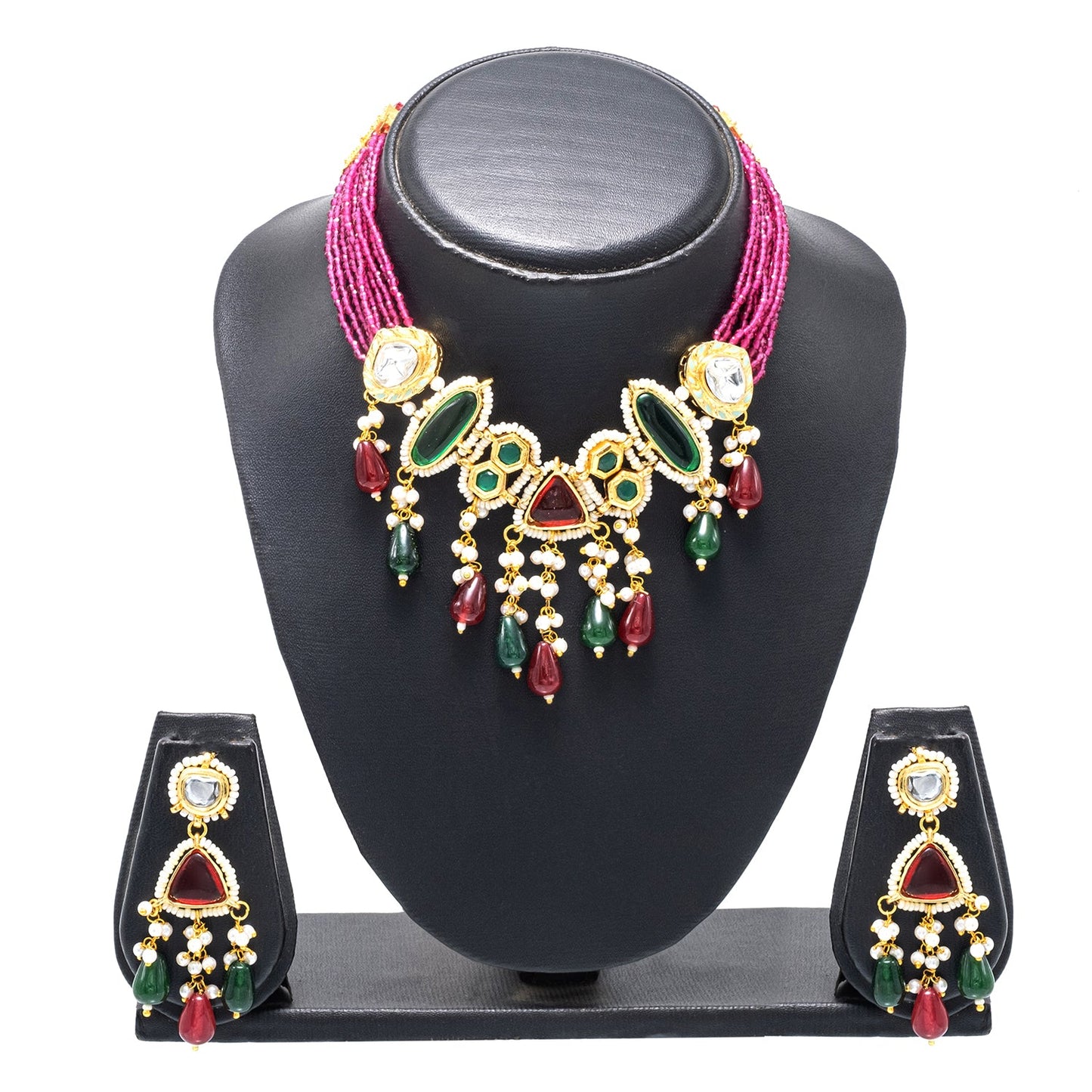 Shining Jewel Gold Plated Bridal Wedding Multicolored Kundan, CZ Pearl Beaded Choker Necklace with Drop Dangler Maching Earrings Jewellery Jewelry Set For Women (SJN_299.D4)