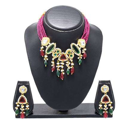 Shining Jewel Gold Plated Bridal Wedding Multicolored Kundan, CZ Pearl Beaded Choker Necklace with Drop Dangler Maching Earrings Jewellery Jewelry Set For Women (SJN_299.D4)