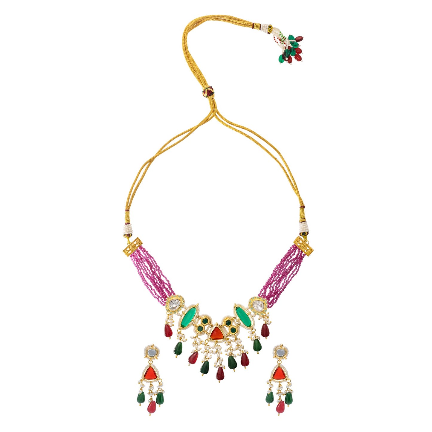 Shining Jewel Gold Plated Bridal Wedding Multicolored Kundan, CZ Pearl Beaded Choker Necklace with Drop Dangler Maching Earrings Jewellery Jewelry Set For Women (SJN_299.D4)