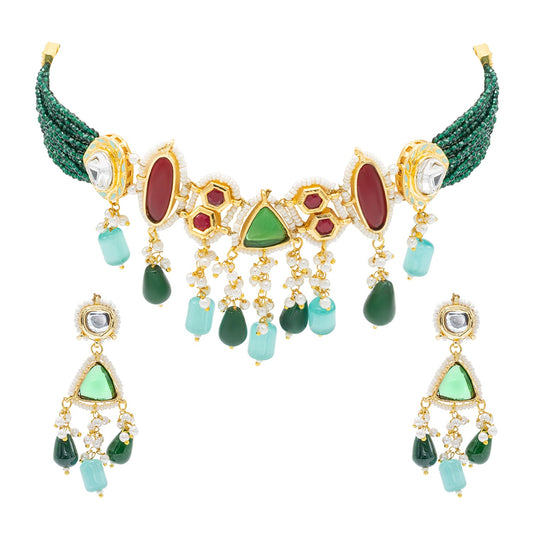 Shining Jewel Gold Plated Bridal Wedding Multicolored Kundan, CZ Pearl Beaded Choker Necklace with Drop Dangler Maching Earrings Jewellery Jewelry Set For Women (SJN_299.D5)