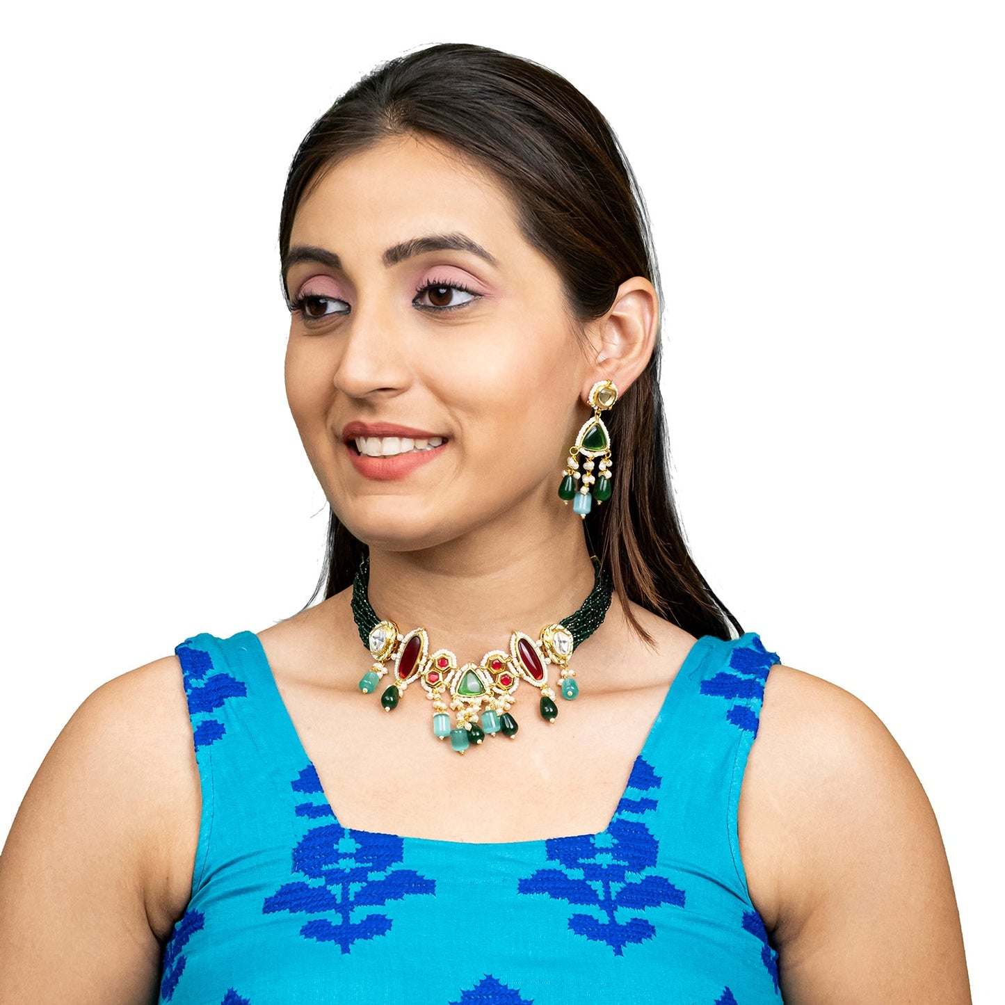 Shining Jewel Gold Plated Bridal Wedding Multicolored Kundan, CZ Pearl Beaded Choker Necklace with Drop Dangler Maching Earrings Jewellery Jewelry Set For Women (SJN_299.D5)