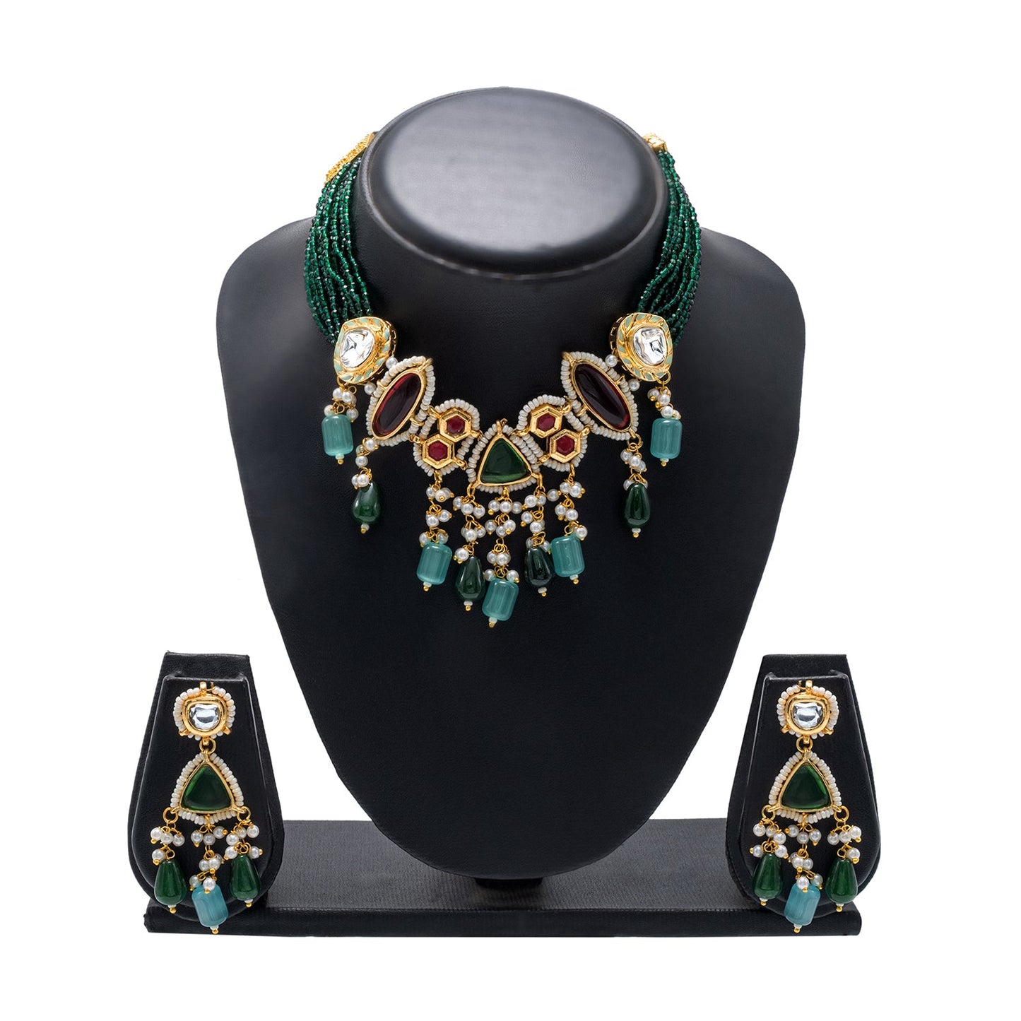 Shining Jewel Gold Plated Bridal Wedding Multicolored Kundan, CZ Pearl Beaded Choker Necklace with Drop Dangler Maching Earrings Jewellery Jewelry Set For Women (SJN_299.D5)