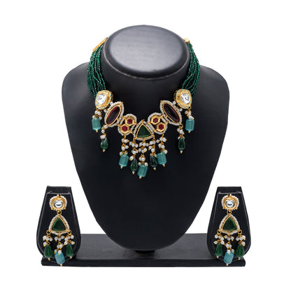Shining Jewel Gold Plated Bridal Wedding Multicolored Kundan, CZ Pearl Beaded Choker Necklace with Drop Dangler Maching Earrings Jewellery Jewelry Set For Women (SJN_299.D5)