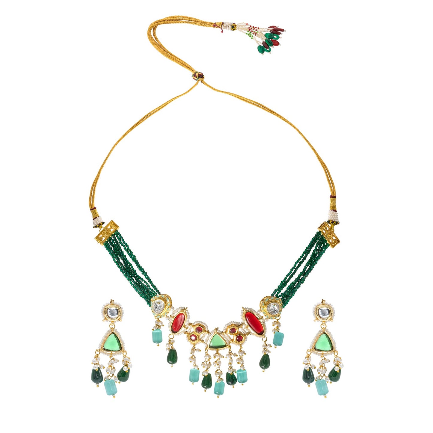 Shining Jewel Gold Plated Bridal Wedding Multicolored Kundan, CZ Pearl Beaded Choker Necklace with Drop Dangler Maching Earrings Jewellery Jewelry Set For Women (SJN_299.D5)