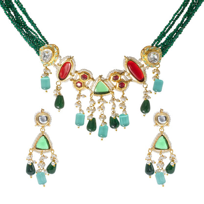 Shining Jewel Gold Plated Bridal Wedding Multicolored Kundan, CZ Pearl Beaded Choker Necklace with Drop Dangler Maching Earrings Jewellery Jewelry Set For Women (SJN_299.D5)