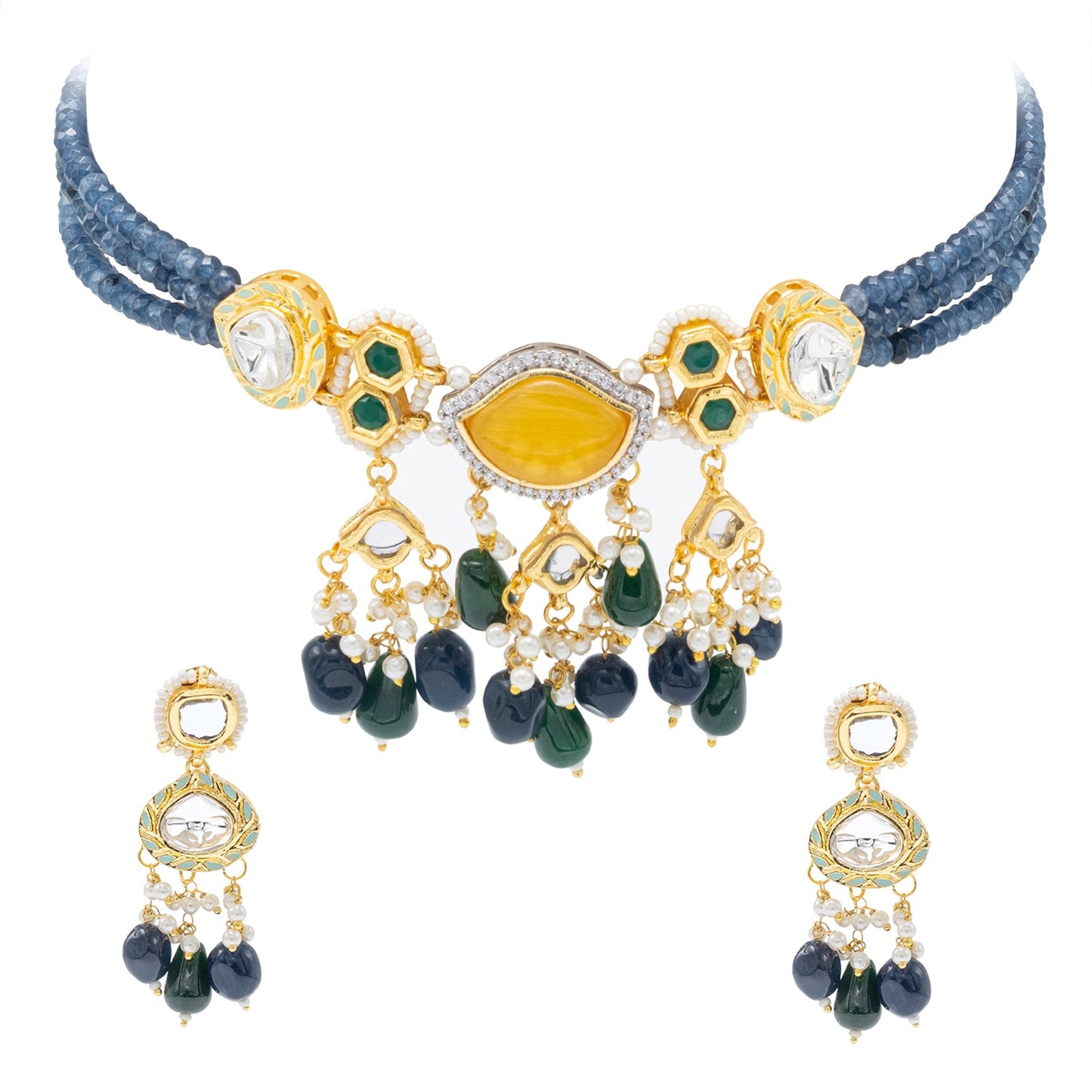Shining Jewel Gold Plated Bridal Wedding Multicolored Kundan, CZ Pearl Beaded Choker Necklace with Drop Dangler Maching Earrings Jewellery Jewelry Set For Women (SJN_300.D1)