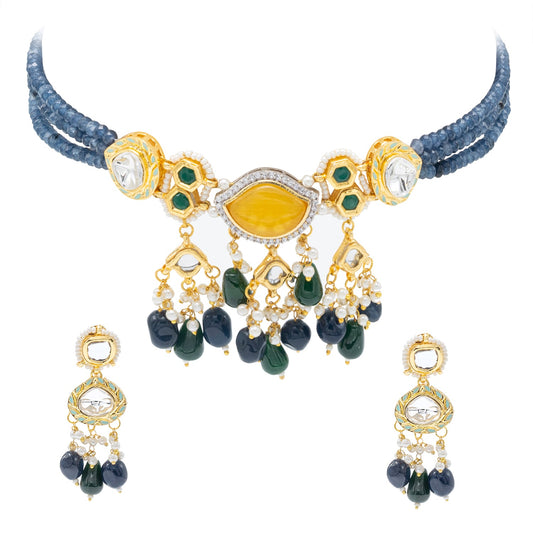 Shining Jewel Gold Plated Bridal Wedding Multicolored Kundan, CZ Pearl Beaded Choker Necklace with Drop Dangler Maching Earrings Jewellery Jewelry Set For Women (SJN_300.D1)