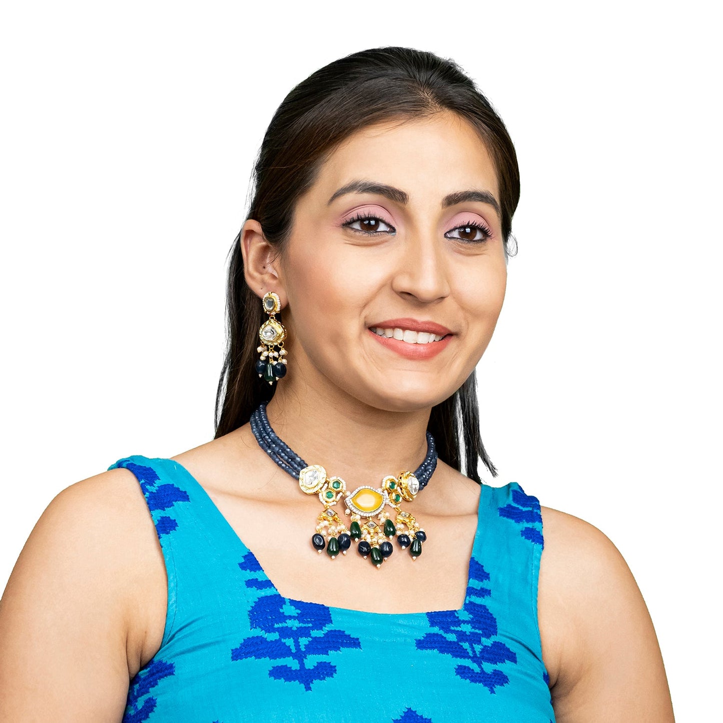 Shining Jewel Gold Plated Bridal Wedding Multicolored Kundan, CZ Pearl Beaded Choker Necklace with Drop Dangler Maching Earrings Jewellery Jewelry Set For Women (SJN_300.D1)