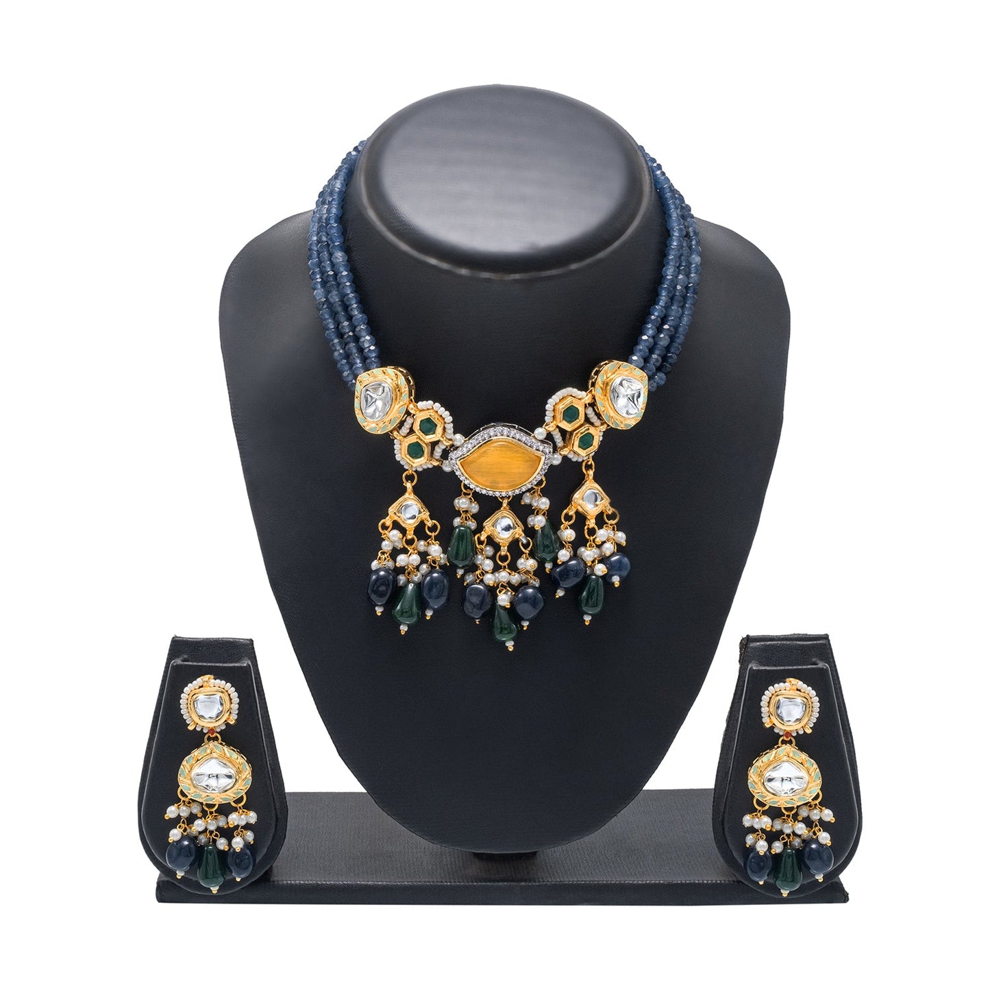 Shining Jewel Gold Plated Bridal Wedding Multicolored Kundan, CZ Pearl Beaded Choker Necklace with Drop Dangler Maching Earrings Jewellery Jewelry Set For Women (SJN_300.D1)