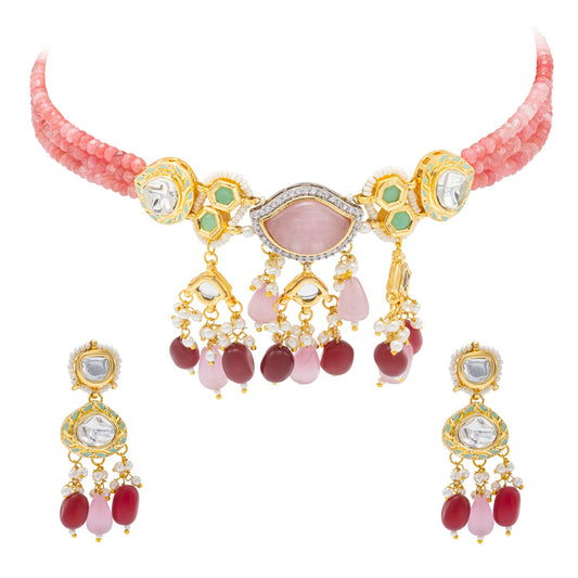 Shining Jewel Gold Plated Bridal Wedding Multicolored Kundan, CZ Pearl Beaded Choker Necklace with Drop Dangler Maching Earrings Jewellery Jewelry Set For Women (SJN_300.D2)