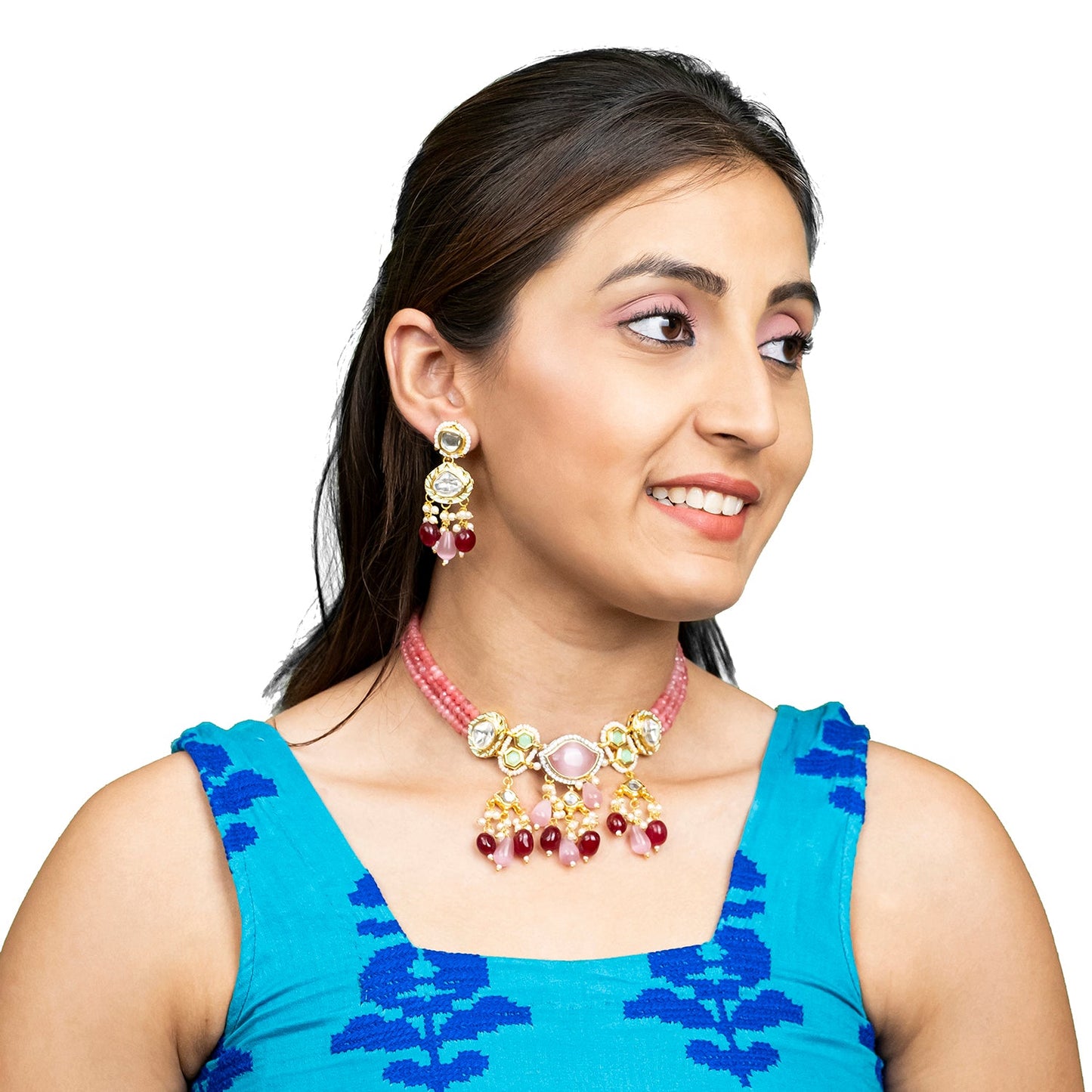 Shining Jewel Gold Plated Bridal Wedding Multicolored Kundan, CZ Pearl Beaded Choker Necklace with Drop Dangler Maching Earrings Jewellery Jewelry Set For Women (SJN_300.D2)