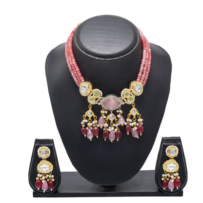 Shining Jewel Gold Plated Bridal Wedding Multicolored Kundan, CZ Pearl Beaded Choker Necklace with Drop Dangler Maching Earrings Jewellery Jewelry Set For Women (SJN_300.D2)