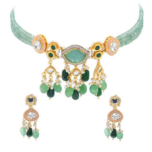 Shining Jewel Gold Plated Bridal Wedding Multicolored Kundan, CZ Pearl Beaded Choker Necklace with Drop Dangler Maching Earrings Jewellery Jewelry Set For Women (SJN_300.D3)