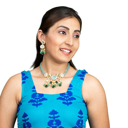 Shining Jewel Gold Plated Bridal Wedding Multicolored Kundan, CZ Pearl Beaded Choker Necklace with Drop Dangler Maching Earrings Jewellery Jewelry Set For Women (SJN_300.D3)