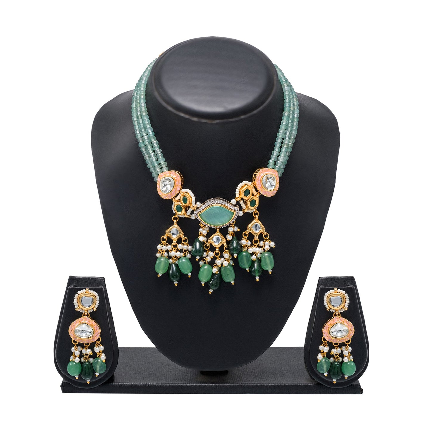 Shining Jewel Gold Plated Bridal Wedding Multicolored Kundan, CZ Pearl Beaded Choker Necklace with Drop Dangler Maching Earrings Jewellery Jewelry Set For Women (SJN_300.D3)