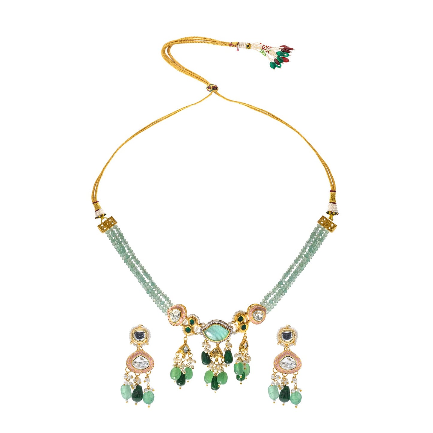 Shining Jewel Gold Plated Bridal Wedding Multicolored Kundan, CZ Pearl Beaded Choker Necklace with Drop Dangler Maching Earrings Jewellery Jewelry Set For Women (SJN_300.D3)
