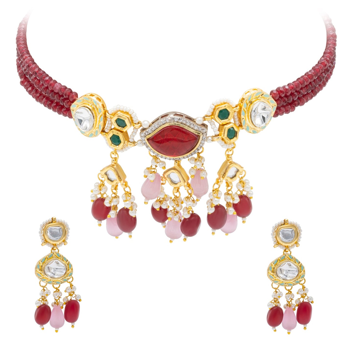 Shining Jewel Gold Plated Bridal Wedding Multicolored Kundan, CZ Pearl Beaded Choker Necklace with Drop Dangler Maching Earrings Jewellery Jewelry Set For Women (SJN_300.D4)