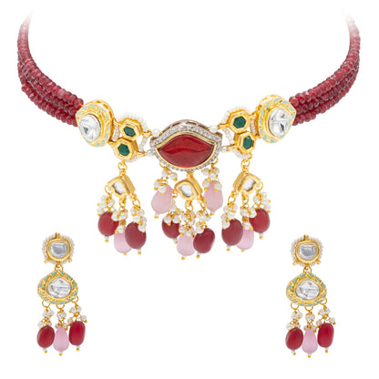 Shining Jewel Gold Plated Bridal Wedding Multicolored Kundan, CZ Pearl Beaded Choker Necklace with Drop Dangler Maching Earrings Jewellery Jewelry Set For Women (SJN_300.D4)
