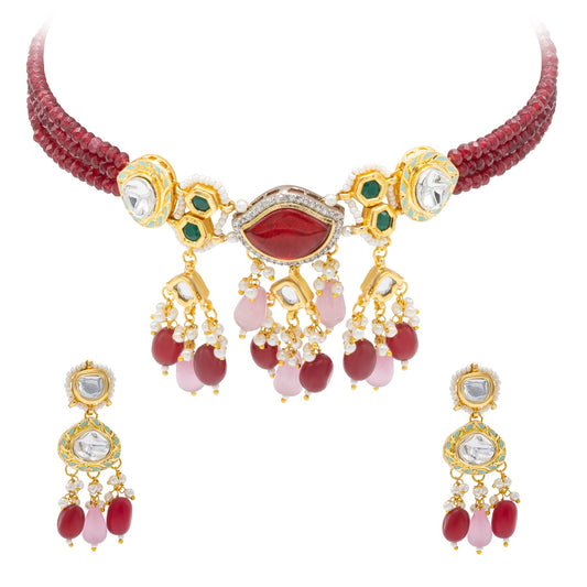 Shining Jewel Gold Plated Bridal Wedding Multicolored Kundan, CZ Pearl Beaded Choker Necklace with Drop Dangler Maching Earrings Jewellery Jewelry Set For Women (SJN_300.D4)