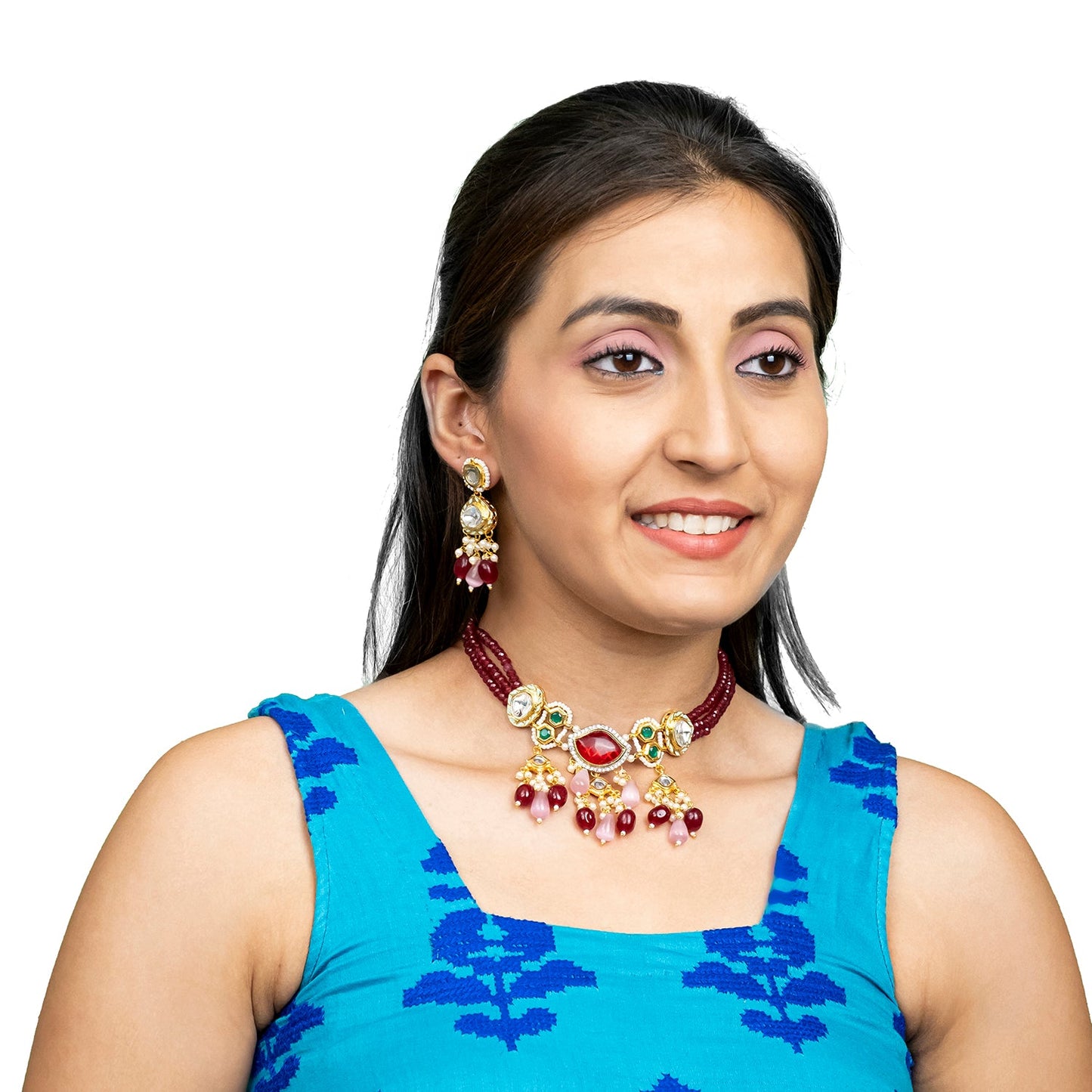 Shining Jewel Gold Plated Bridal Wedding Multicolored Kundan, CZ Pearl Beaded Choker Necklace with Drop Dangler Maching Earrings Jewellery Jewelry Set For Women (SJN_300.D4)