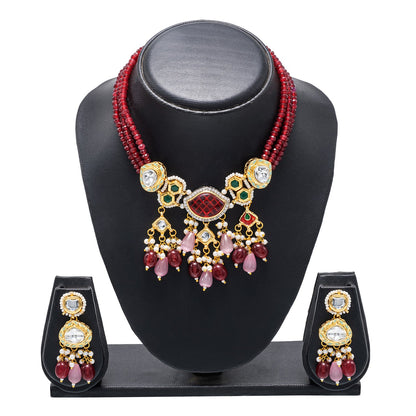 Shining Jewel Gold Plated Bridal Wedding Multicolored Kundan, CZ Pearl Beaded Choker Necklace with Drop Dangler Maching Earrings Jewellery Jewelry Set For Women (SJN_300.D4)