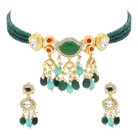 Shining Jewel Gold Plated Bridal Wedding Multicolored Kundan, CZ Pearl Beaded Choker Necklace with Drop Dangler Maching Earrings Jewellery Jewelry Set For Women (SJN_300.D5)