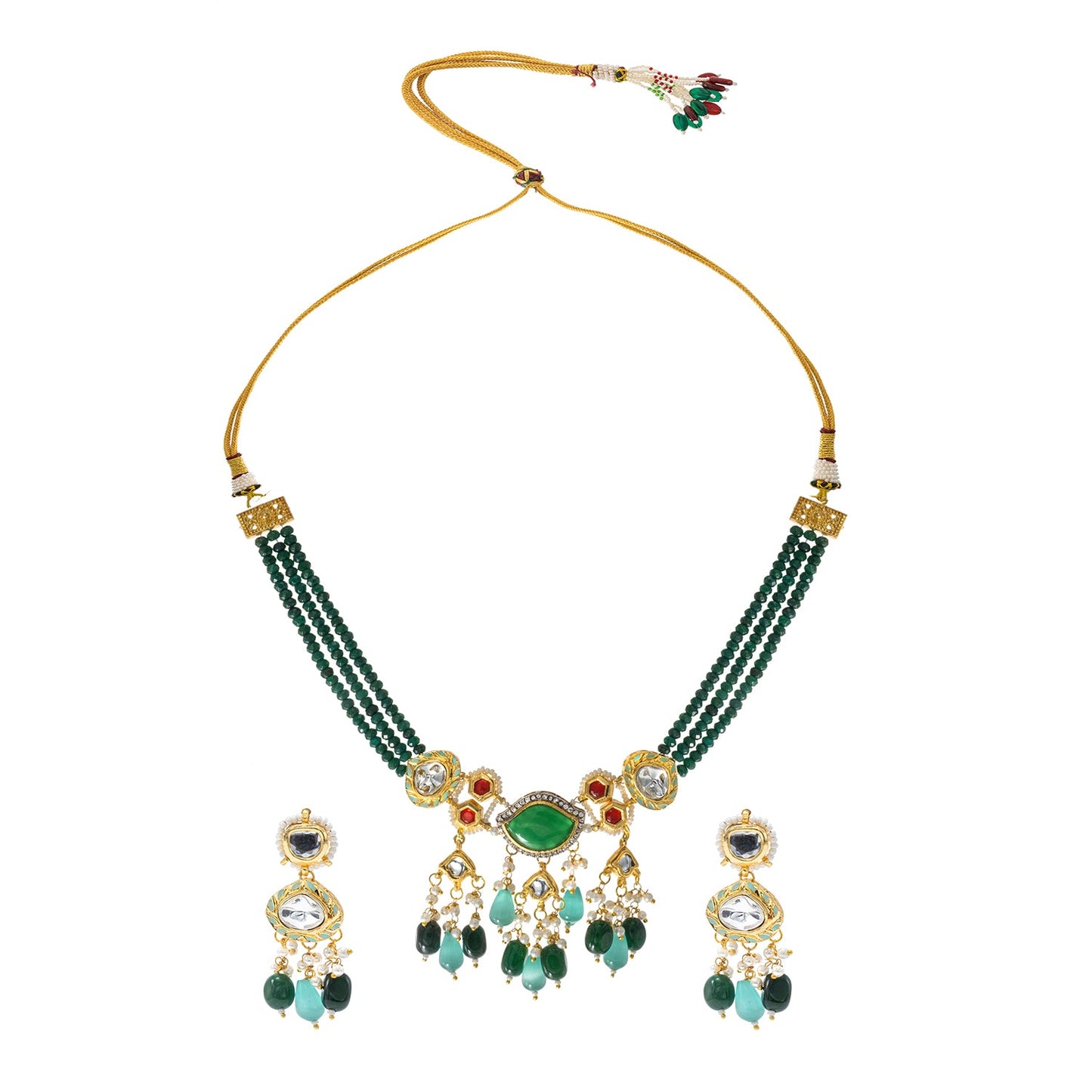 Shining Jewel Gold Plated Bridal Wedding Multicolored Kundan, CZ Pearl Beaded Choker Necklace with Drop Dangler Maching Earrings Jewellery Jewelry Set For Women (SJN_300.D5)