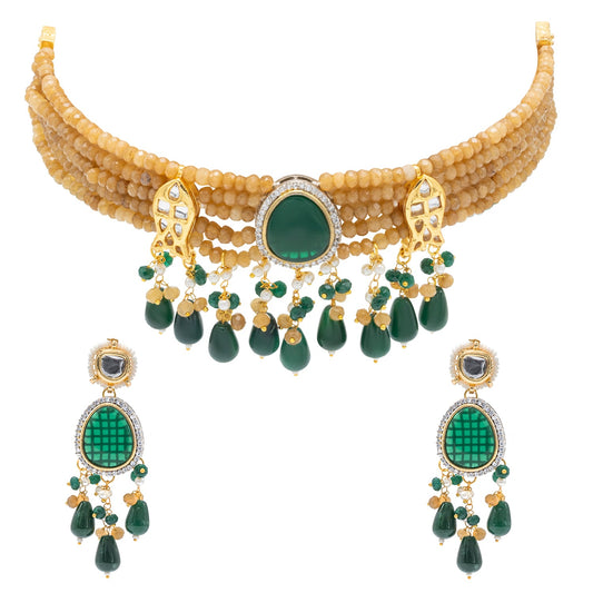 Shining Jewel Gold Plated Bridal Wedding Multicolored Kundan, CZ Pearl Beaded Choker Necklace with Drop Dangler Maching Earrings Jewellery Jewelry Set For Women (SJN_301.D2)