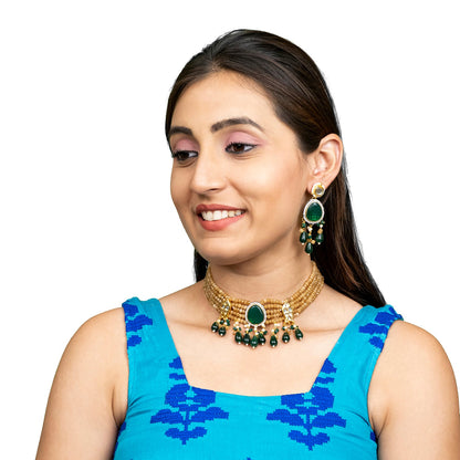 Shining Jewel Gold Plated Bridal Wedding Multicolored Kundan, CZ Pearl Beaded Choker Necklace with Drop Dangler Maching Earrings Jewellery Jewelry Set For Women (SJN_301.D2)