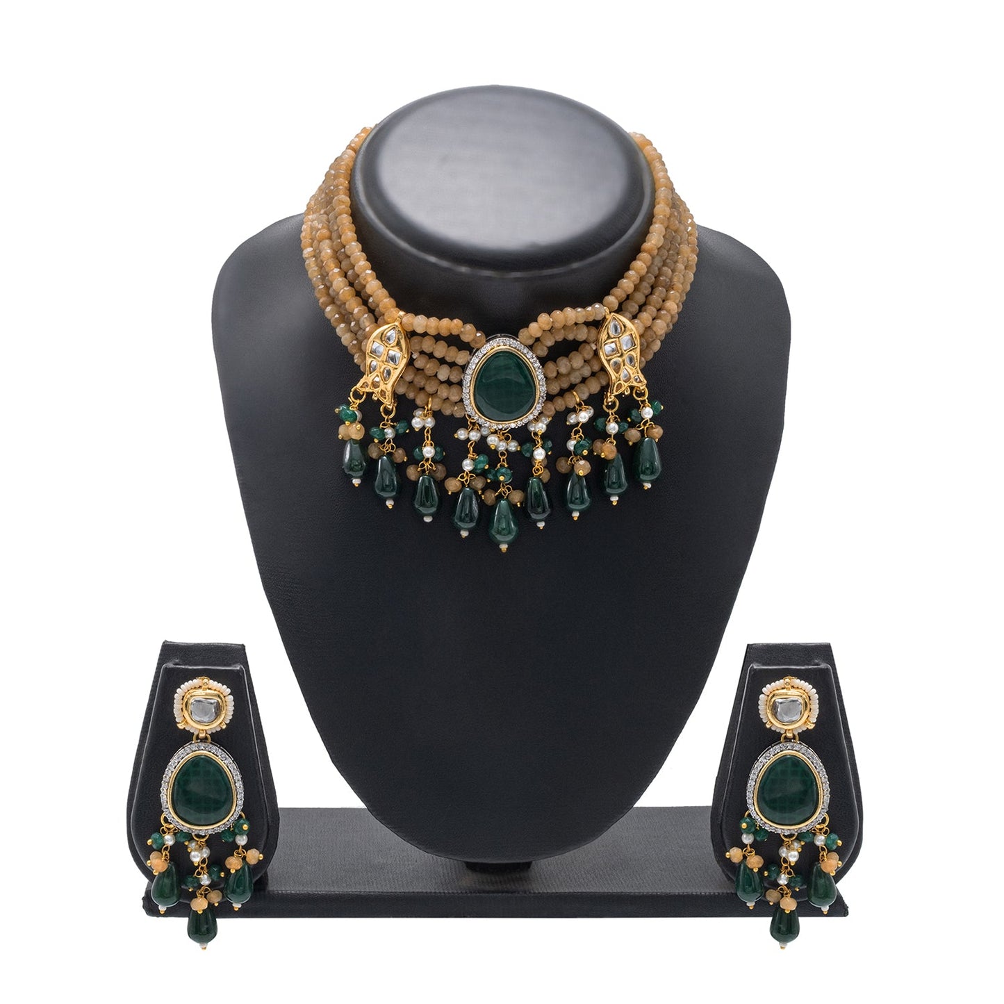 Shining Jewel Gold Plated Bridal Wedding Multicolored Kundan, CZ Pearl Beaded Choker Necklace with Drop Dangler Maching Earrings Jewellery Jewelry Set For Women (SJN_301.D2)