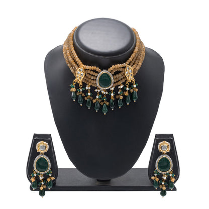 Shining Jewel Gold Plated Bridal Wedding Multicolored Kundan, CZ Pearl Beaded Choker Necklace with Drop Dangler Maching Earrings Jewellery Jewelry Set For Women (SJN_301.D2)