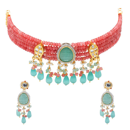 Shining Jewel Gold Plated Bridal Wedding Multicolored Kundan, CZ Pearl Beaded Choker Necklace with Drop Dangler Maching Earrings Jewellery Jewelry Set For Women (SJN_301.D3)