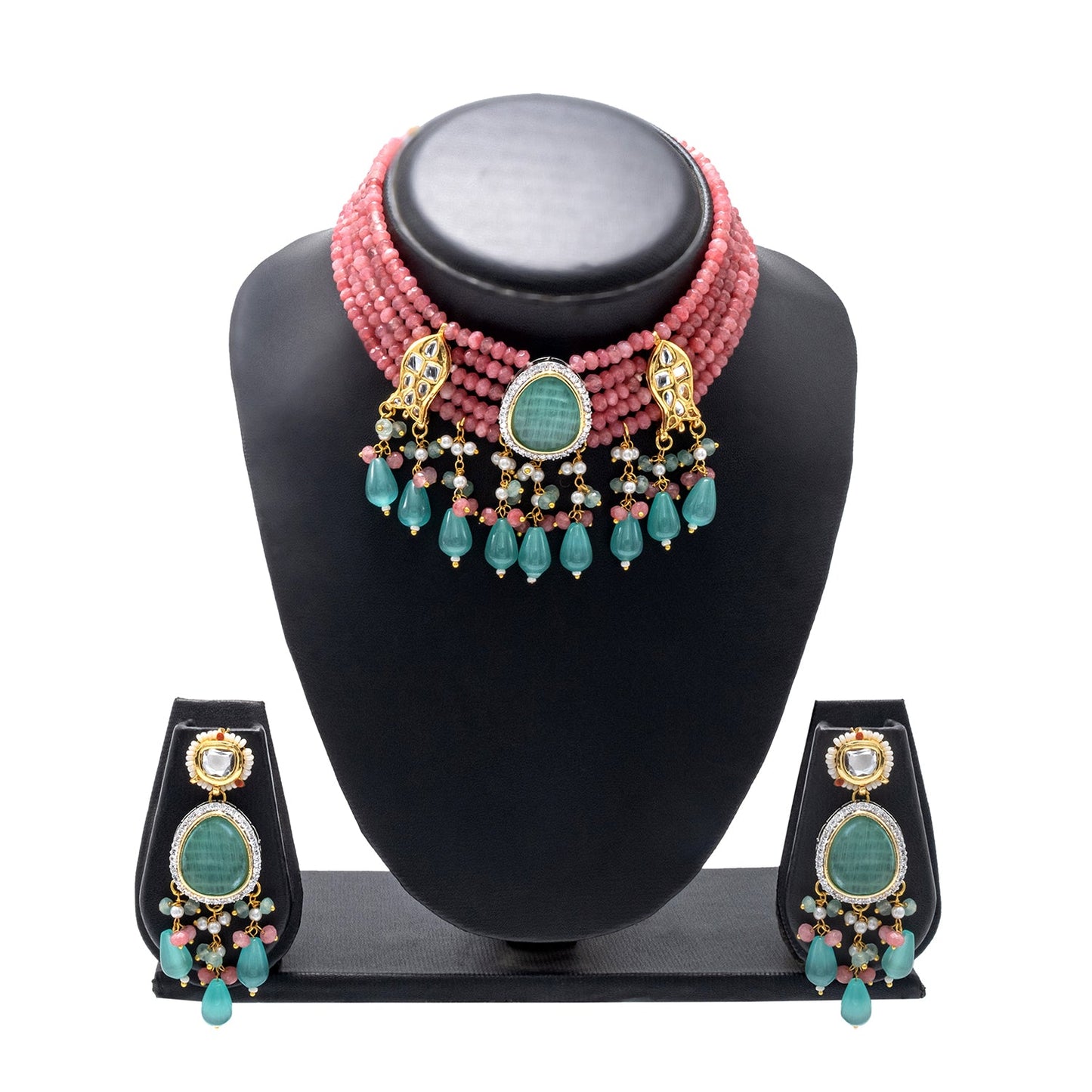 Shining Jewel Gold Plated Bridal Wedding Multicolored Kundan, CZ Pearl Beaded Choker Necklace with Drop Dangler Maching Earrings Jewellery Jewelry Set For Women (SJN_301.D3)