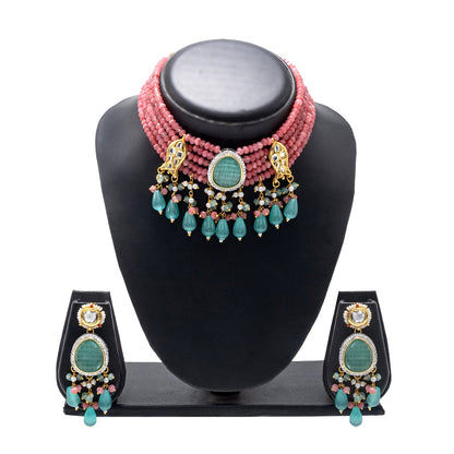 Shining Jewel Gold Plated Bridal Wedding Multicolored Kundan, CZ Pearl Beaded Choker Necklace with Drop Dangler Maching Earrings Jewellery Jewelry Set For Women (SJN_301.D3)