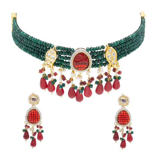 Shining Jewel Gold Plated Bridal Wedding Multicolored Kundan, CZ Pearl Beaded Choker Necklace with Drop Dangler Maching Earrings Jewellery Jewelry Set For Women (SJN_301.D4)