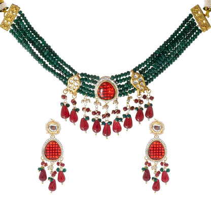 Shining Jewel Gold Plated Bridal Wedding Multicolored Kundan, CZ Pearl Beaded Choker Necklace with Drop Dangler Maching Earrings Jewellery Jewelry Set For Women (SJN_301.D4)