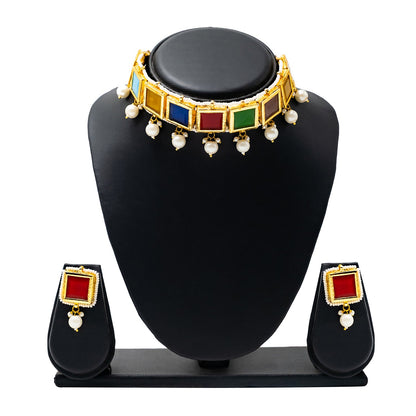Shining Jewel Gold Plated Bridal Wedding Navaratna Design Pearl Studded Necklace with Drop Dangler Maching Earrings Jewellery Jewelry Set For Women ( SJN_302_MT)