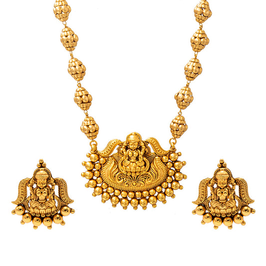 Shining Jewel - by Shivansh Antique Matte Gold Plated Temple Jewellery Inspired Wedding Bridal Lakshmi Ball Pendant Chain Necklace Jewellery Set for Women (SJN_304)