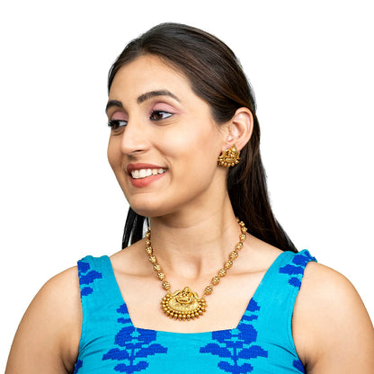 Shining Jewel - by Shivansh Antique Matte Gold Plated Temple Jewellery Inspired Wedding Bridal Lakshmi Ball Pendant Chain Necklace Jewellery Set for Women (SJN_304)