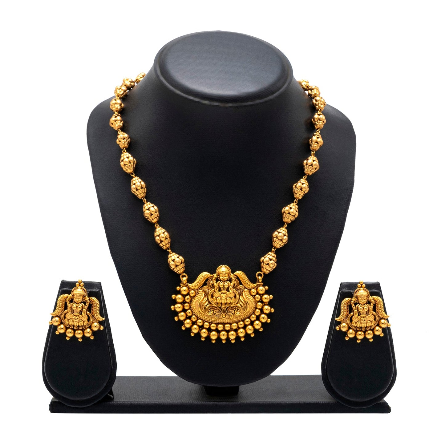 Shining Jewel - by Shivansh Antique Matte Gold Plated Temple Jewellery Inspired Wedding Bridal Lakshmi Ball Pendant Chain Necklace Jewellery Set for Women (SJN_304)